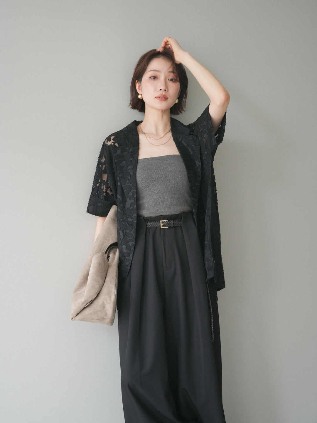 【套裝】花朵蕾絲短袖外套+垂褶收腰帶環長褲（兩件套）