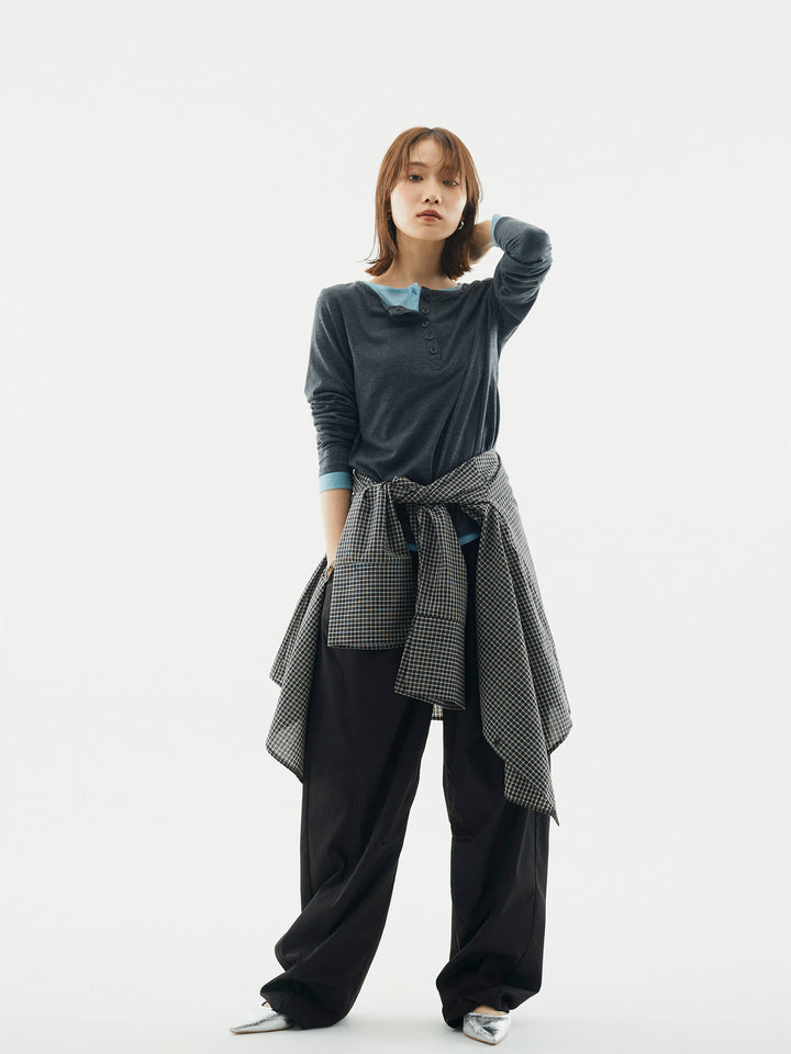 【Allure】[SET]配色レイヤードヘンリーネックトップス+タフタワイドカーブパンツ(2set)