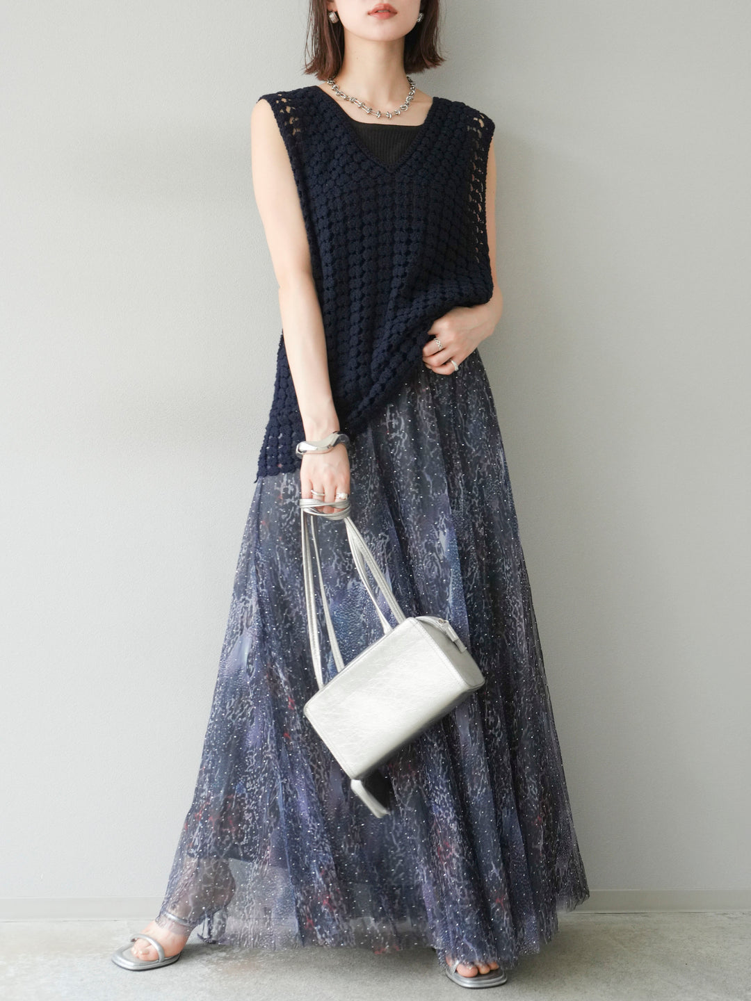 [予約]ニュアンス柄チュールレイヤードプリーツスカート/ネイビー
