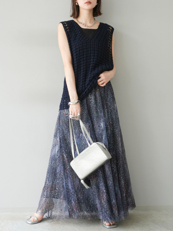[予約]ニュアンス柄チュールレイヤードプリーツスカート/ネイビー