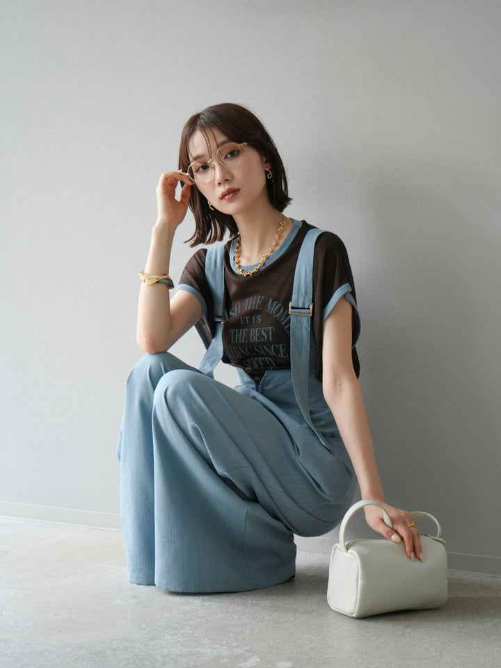 [SET]ストリングデザインハイウエストサロペット+シアーフライス ロゴプリントT (2set)