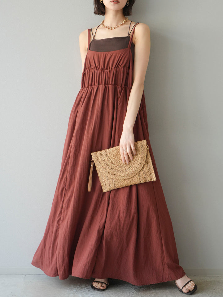 [SET]レーヨンシャーリングキャミワンピース+カップ付きバッククロスキャミソール(2set)