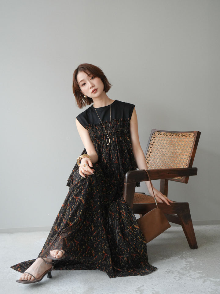 [予約]チュールプリントノースリーブトップス/black