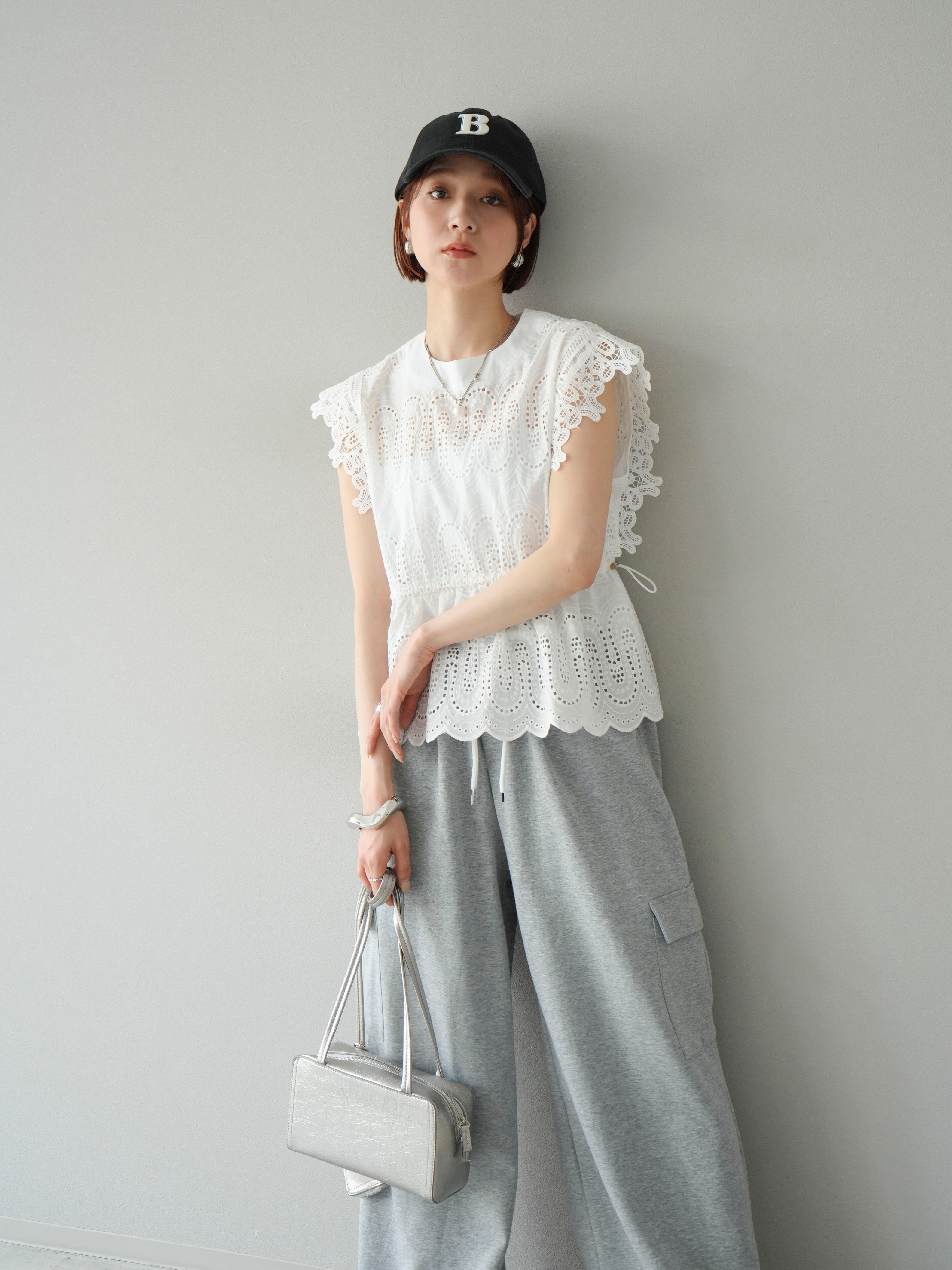 イタリア製 定価9万 レース装飾高級スウェットパンツ SET]スカラップ刺繍レースブラウス+ウエストラインサイドポケット