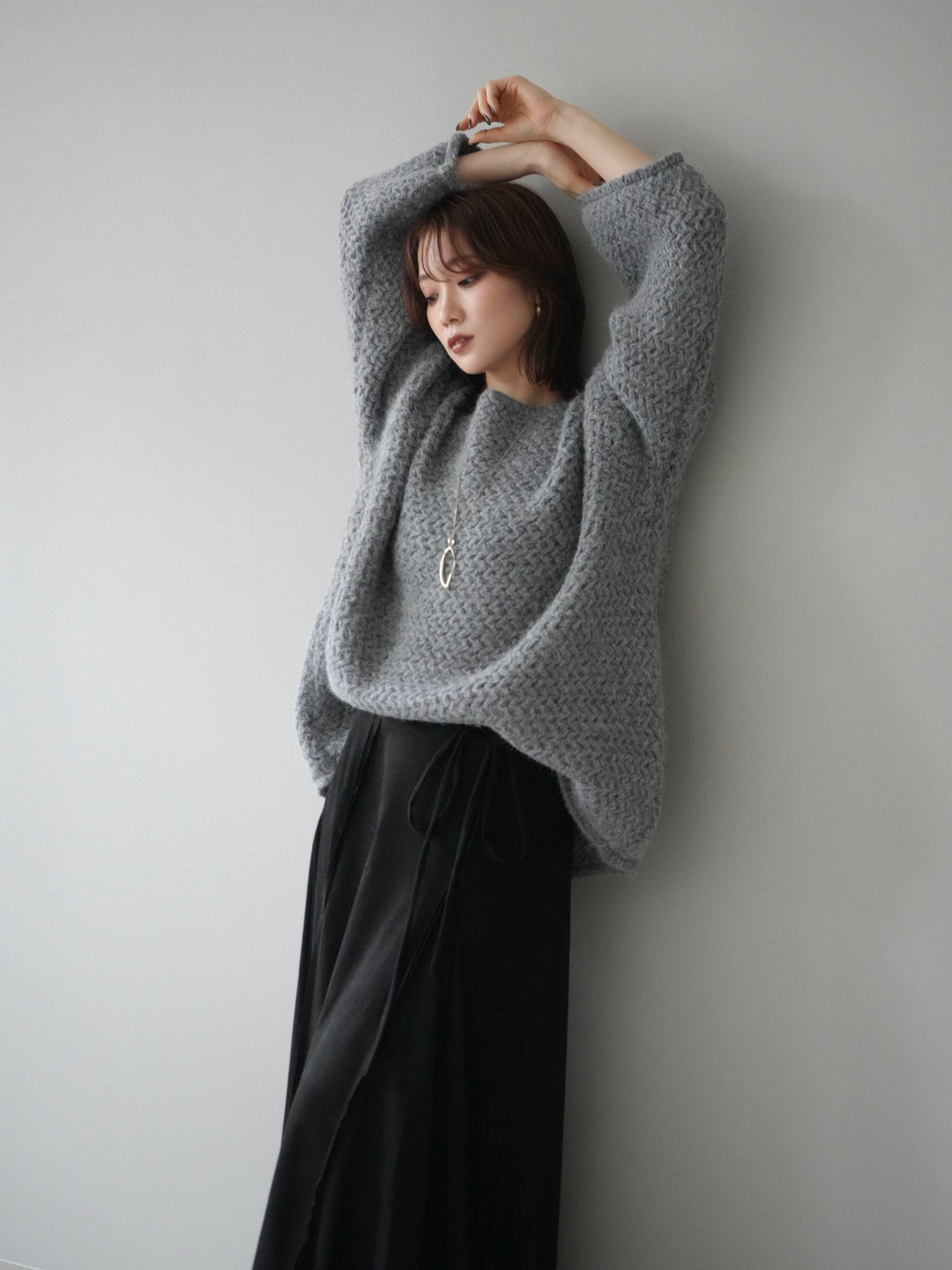 [予約]ワッフル編みオーバーニットプルオーバー/gray