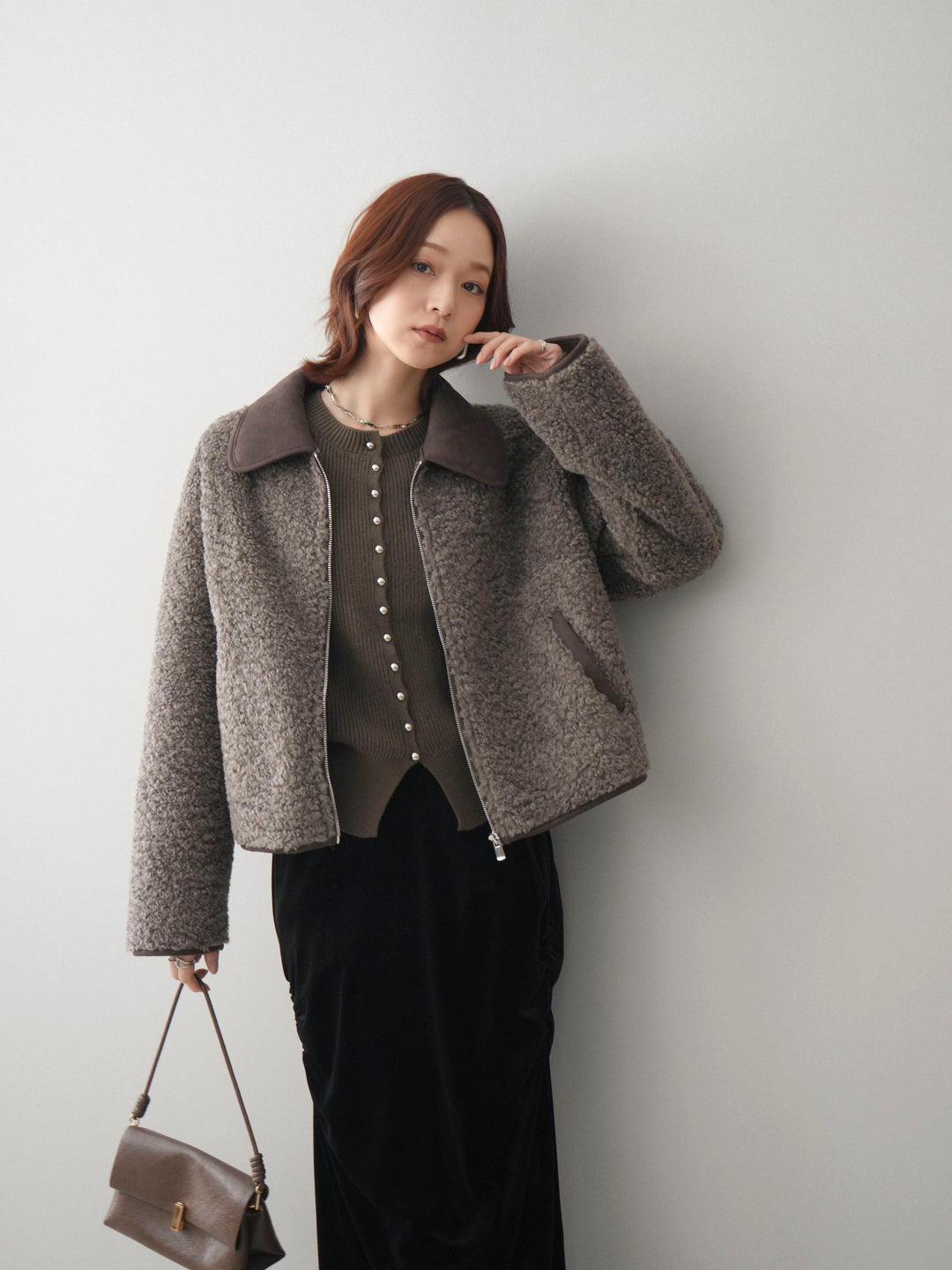 [予約]スエード襟ボアショートジャケット/brown