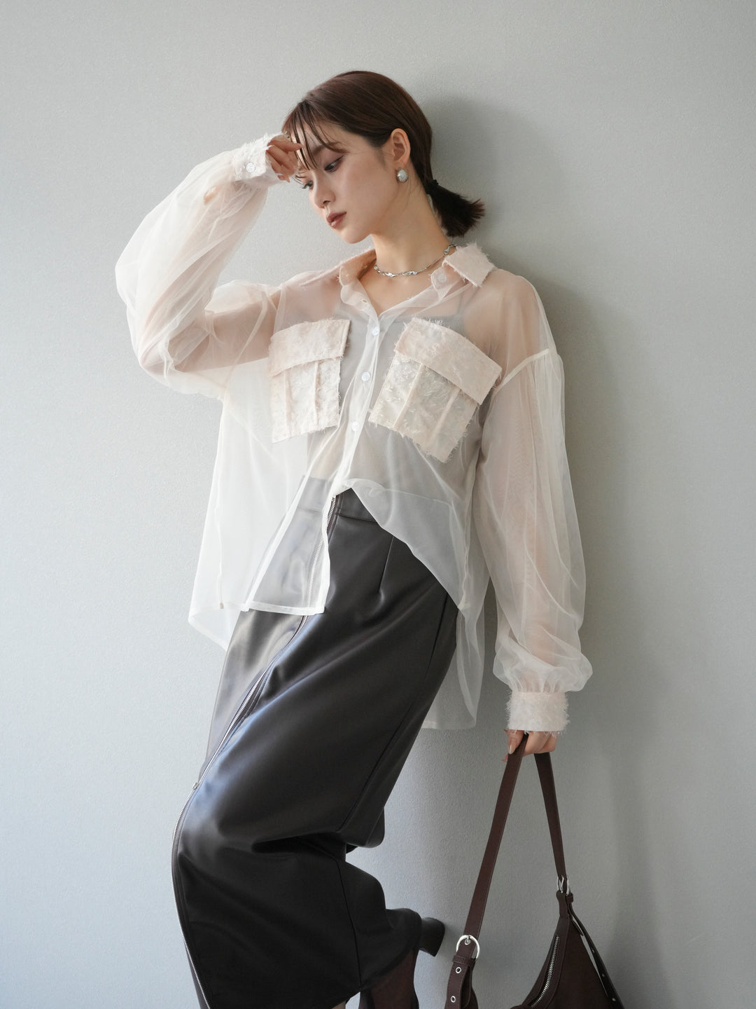 [予約]フリンジジャガード×チュールレイヤードシャツ/アイボリー