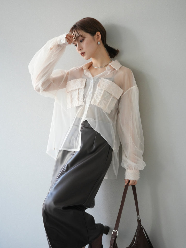 [予約]フリンジジャガード×チュールレイヤードシャツ/アイボリー