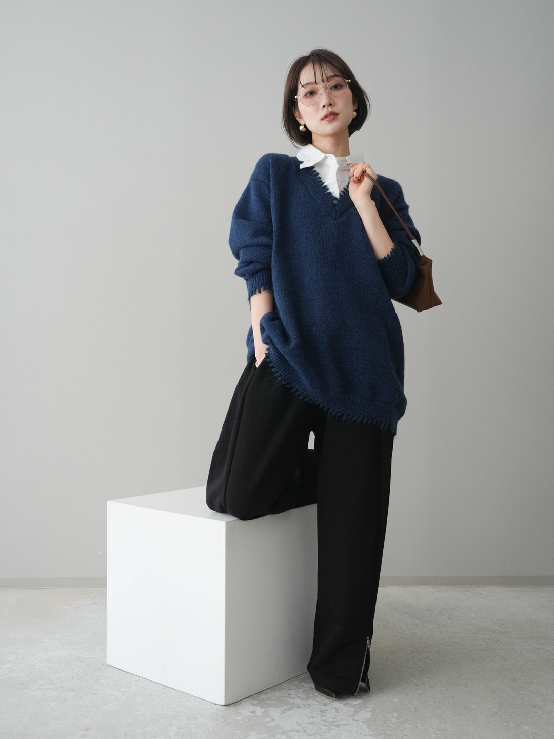 [予約]シャツドッキングVネックフリンジニットプルオーバー/navy
