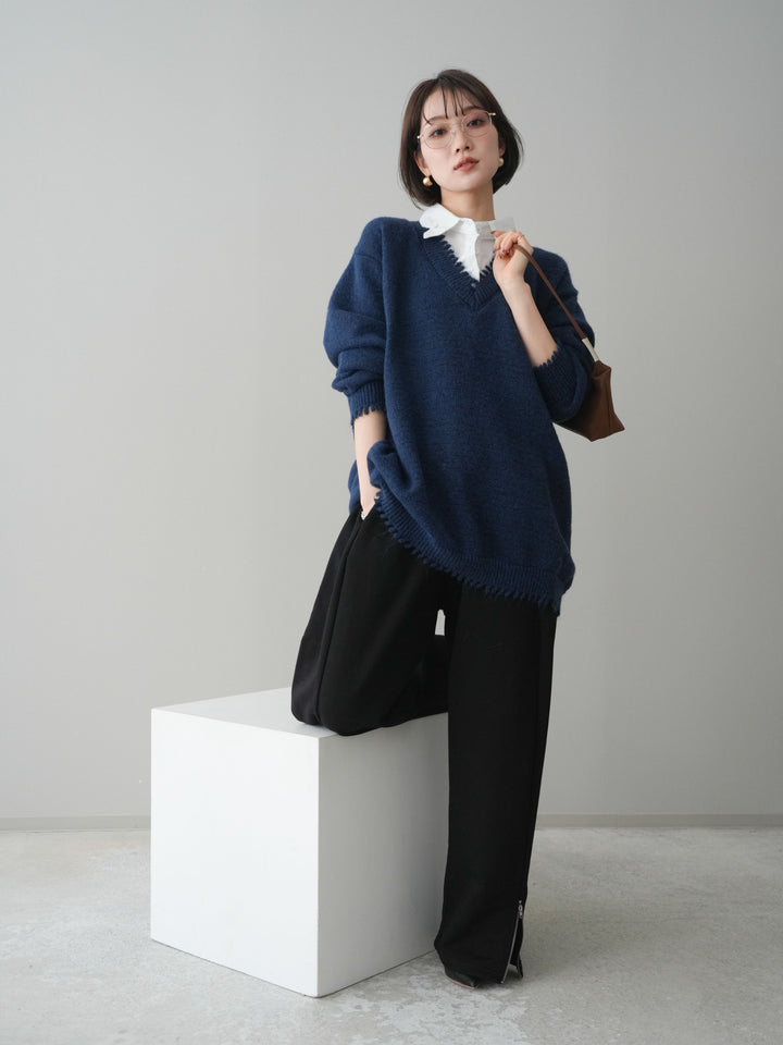 [予約]シャツドッキングVネックフリンジニットプルオーバー/navy