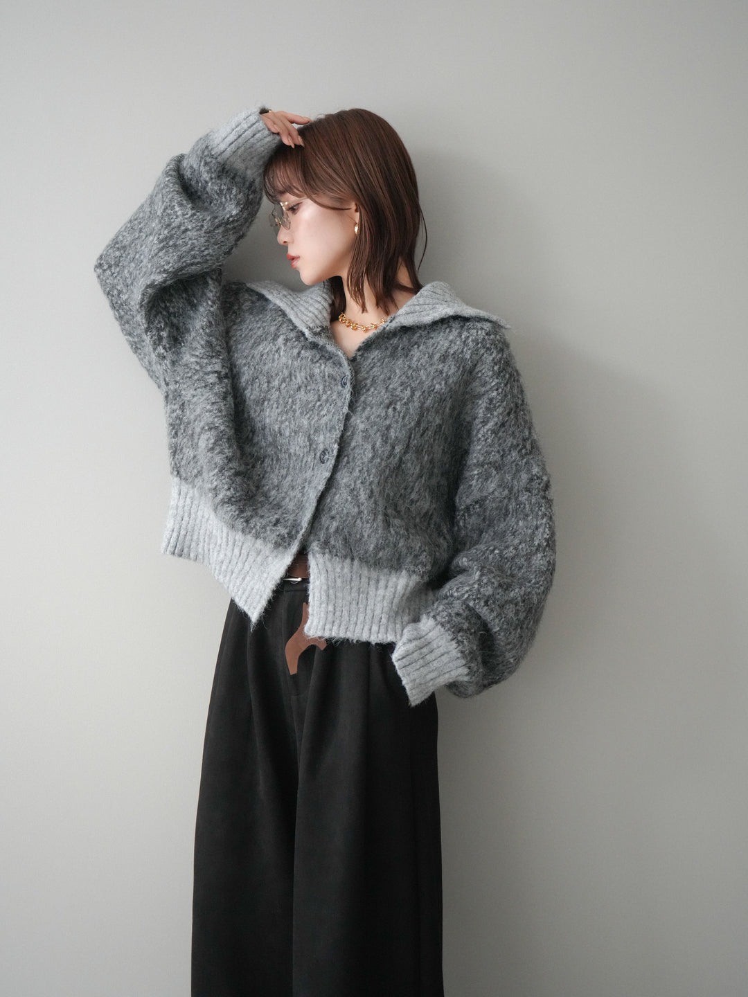 [予約]リブ切替メランジニットカーディガン/charcoal
