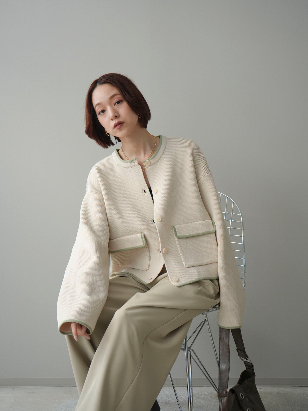 [SET]ポリエステル配色ニットカーディガン+ウエストレースタックワイドパンツ(2set)