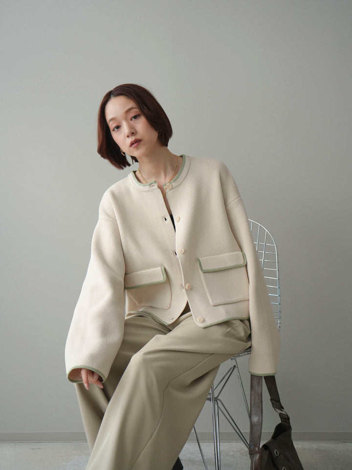 [SET]ポリエステル配色ニットカーディガン+ウエストレースタックワイドパンツ(2set)