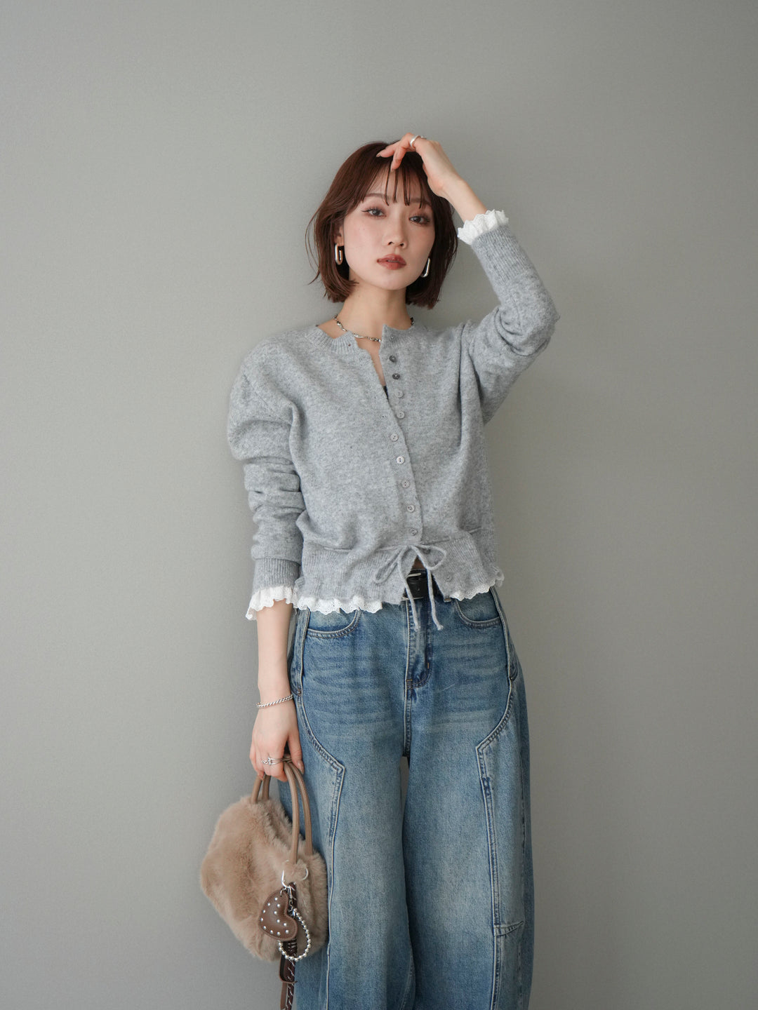 [SET]スカラップレース切り替ニットカーディガン+選べるアクセセット(2set)