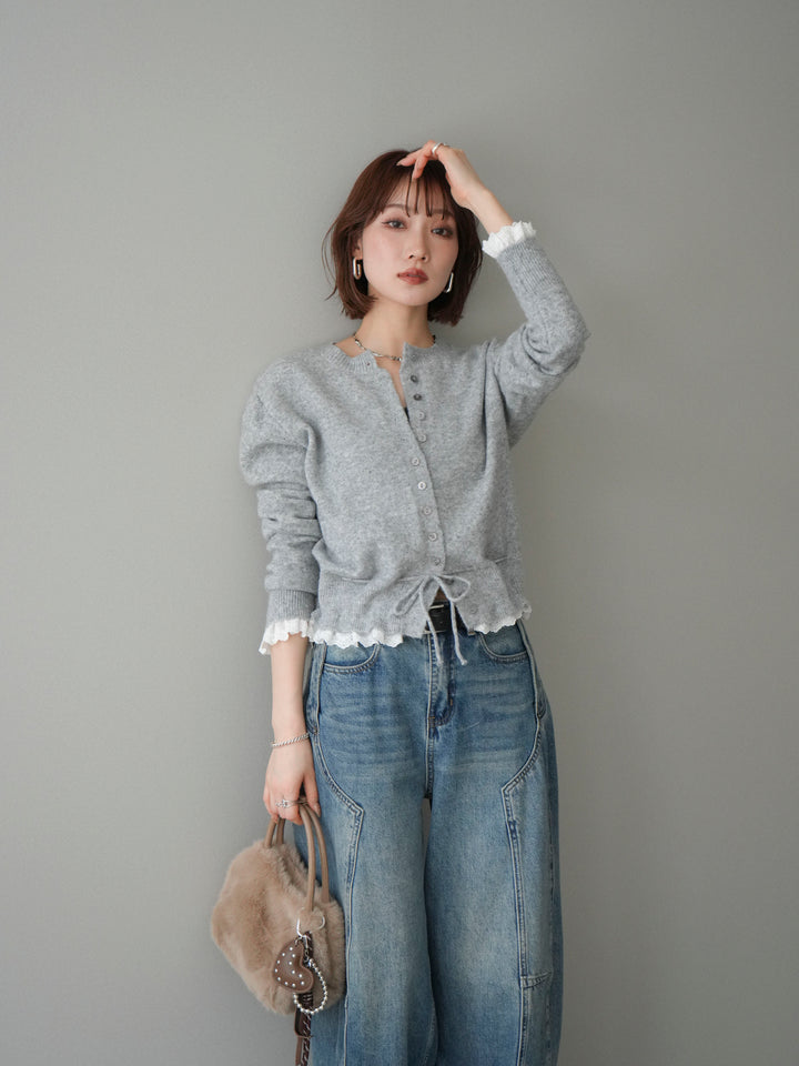 [SET]スカラップレース切り替ニットカーディガン+選べるアクセセット(2set)