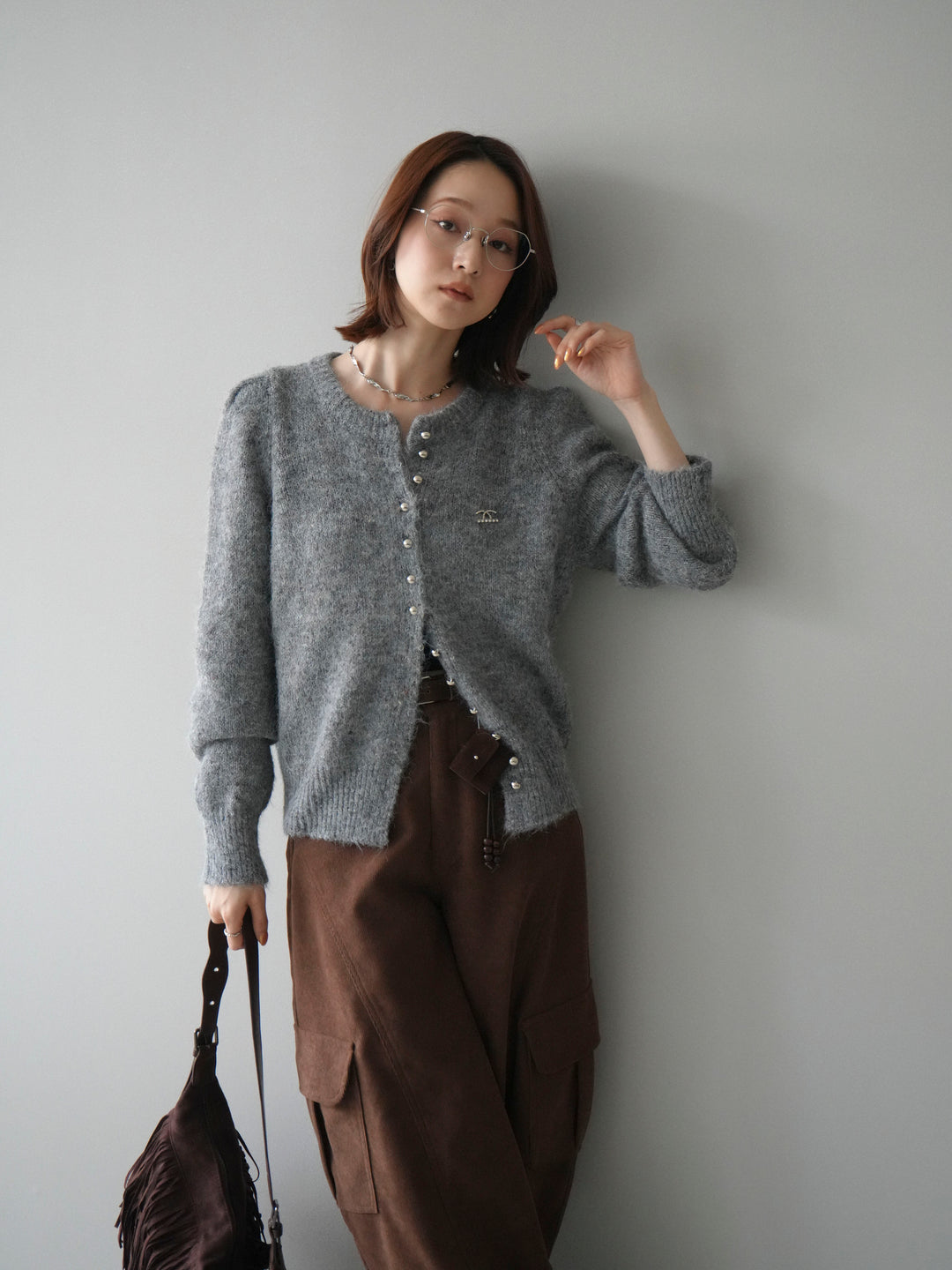 [SET]ブローチ付silverボタンミックスニットカーディガン+選べるアクセセット(2set)
