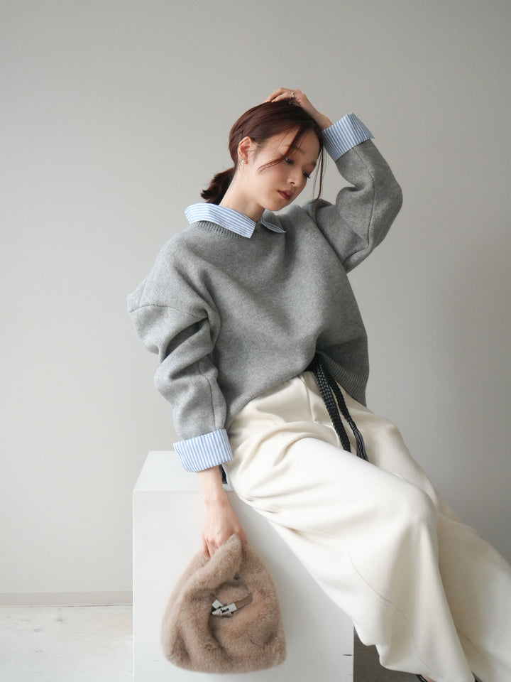 [SET]2WAYストライプ襟ニットプルオーバー+編み込みベルト付きウエスト配色スエットパンツ(2set)