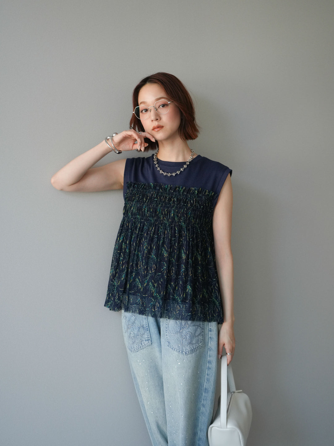[予約]チュールプリントノースリーブトップス/navy