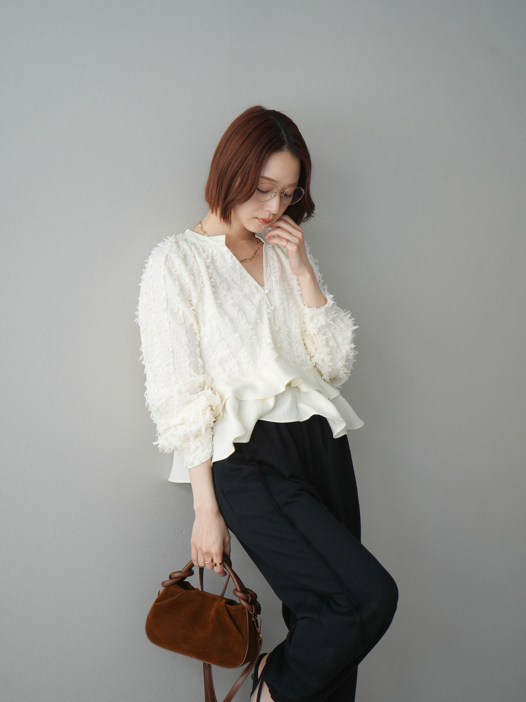 [SET]ジャガードぺプラムフリルブラウス+2WAYデザインスウェットパンツ(2set)