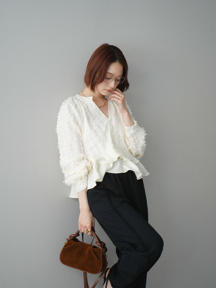 [SET]ジャガードぺプラムフリルブラウス+2WAYデザインスウェットパンツ(2set)