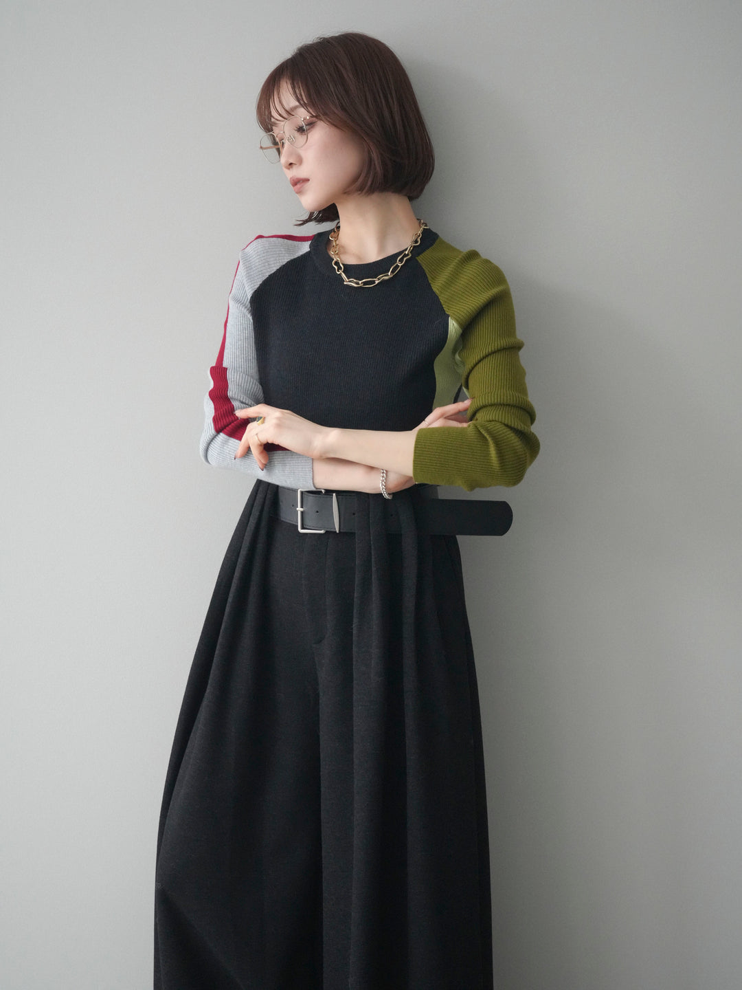 [SET]バイカラーラグランニットトップス+選べるアクセセット(2set)