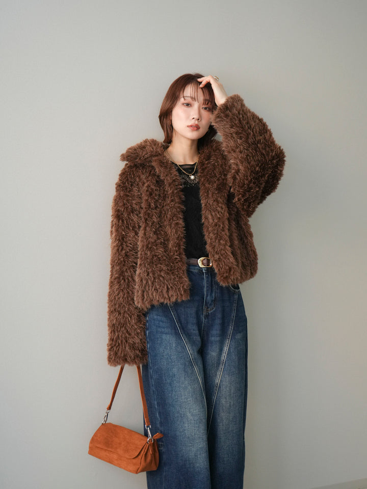 【套裝】短款人造毛領罩衫+薄紗蕾絲上衣+羊毛襯裡牛仔修身褲（三件套）