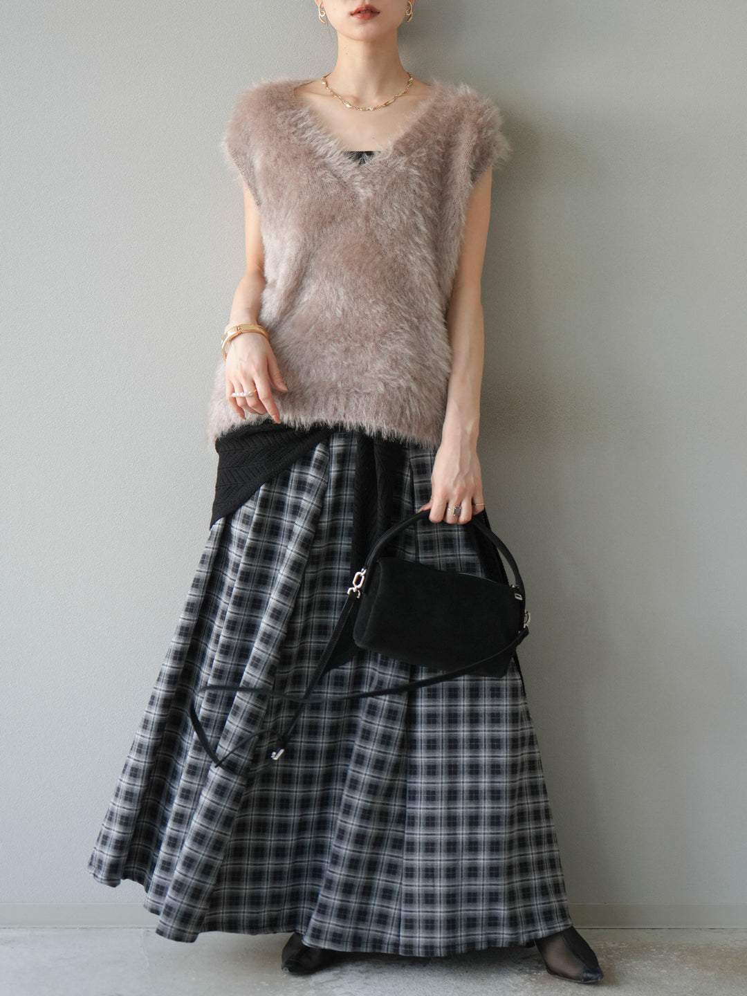 [予約]チェックタックフレアロングスカート/ ブラック