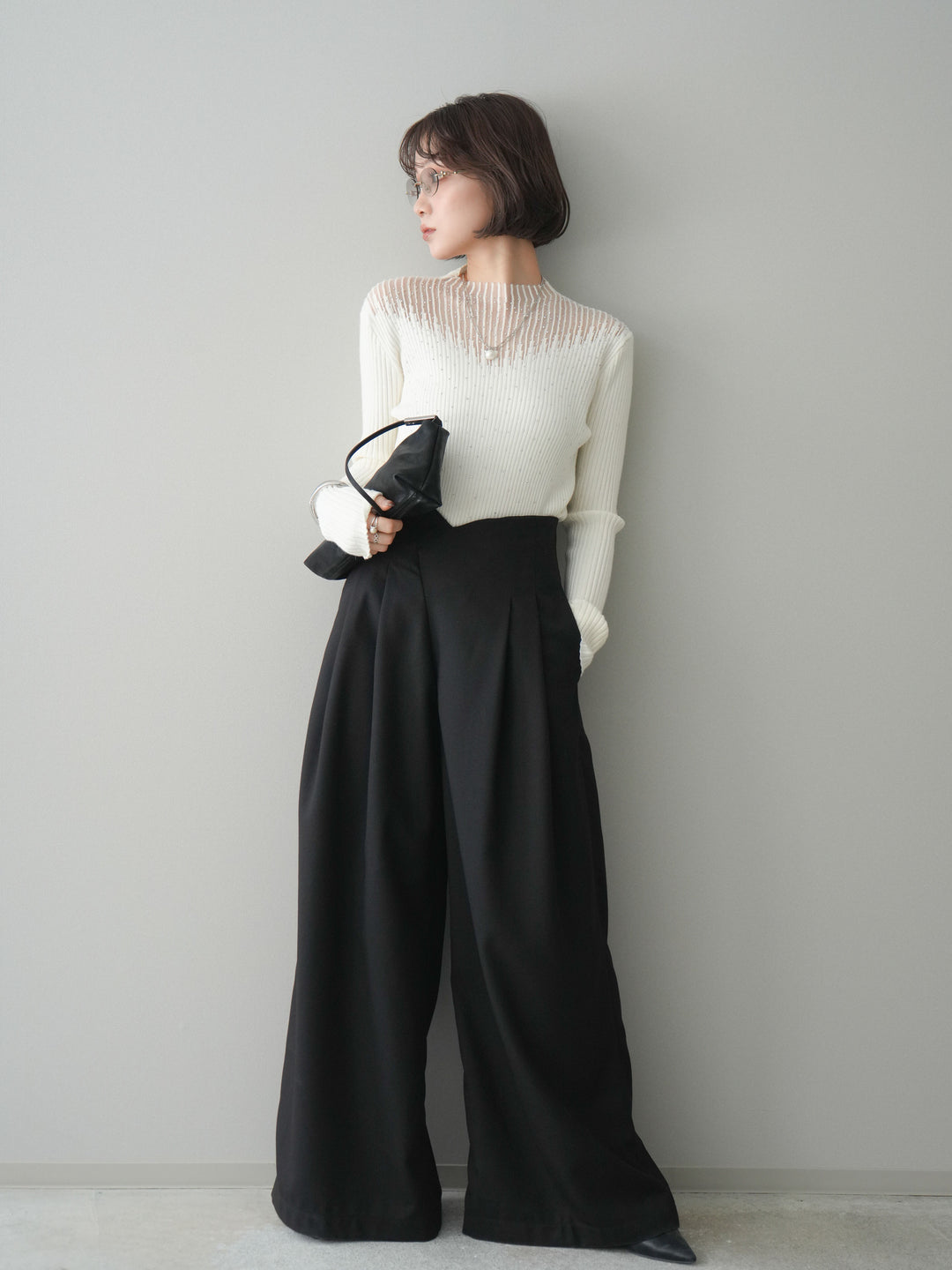 [予約]シアー切替スパンコールリブニットトップス/ivory