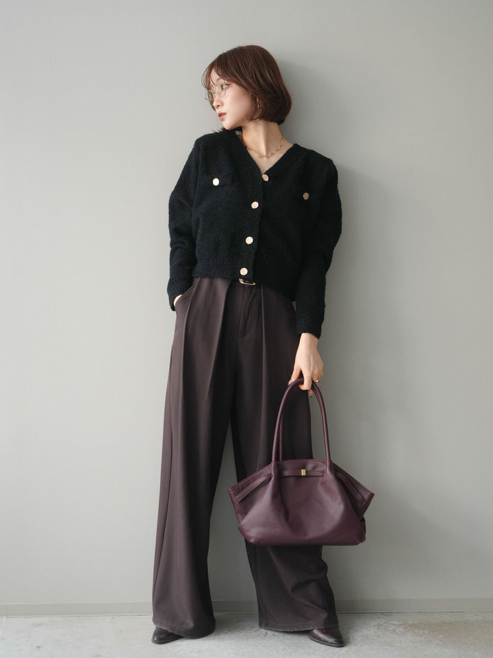 [SET]ゴールドボタンモールニットカーディガン+ベルトループデザインワイドパンツ(2set)