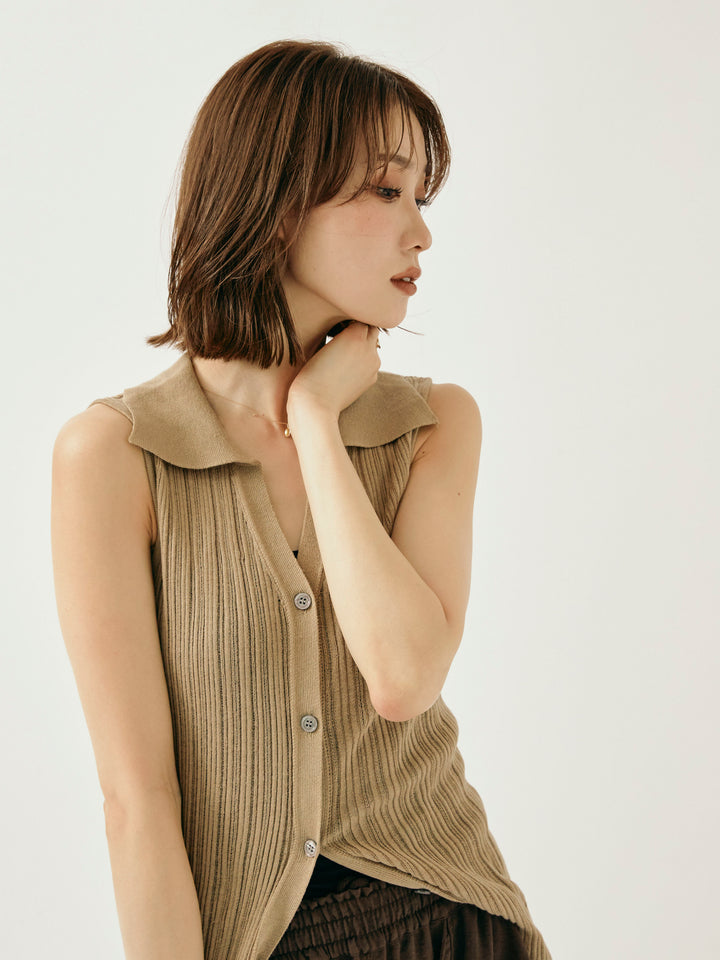 [予約]襟付きランダムリブロングニットカーディガン/ベージュ