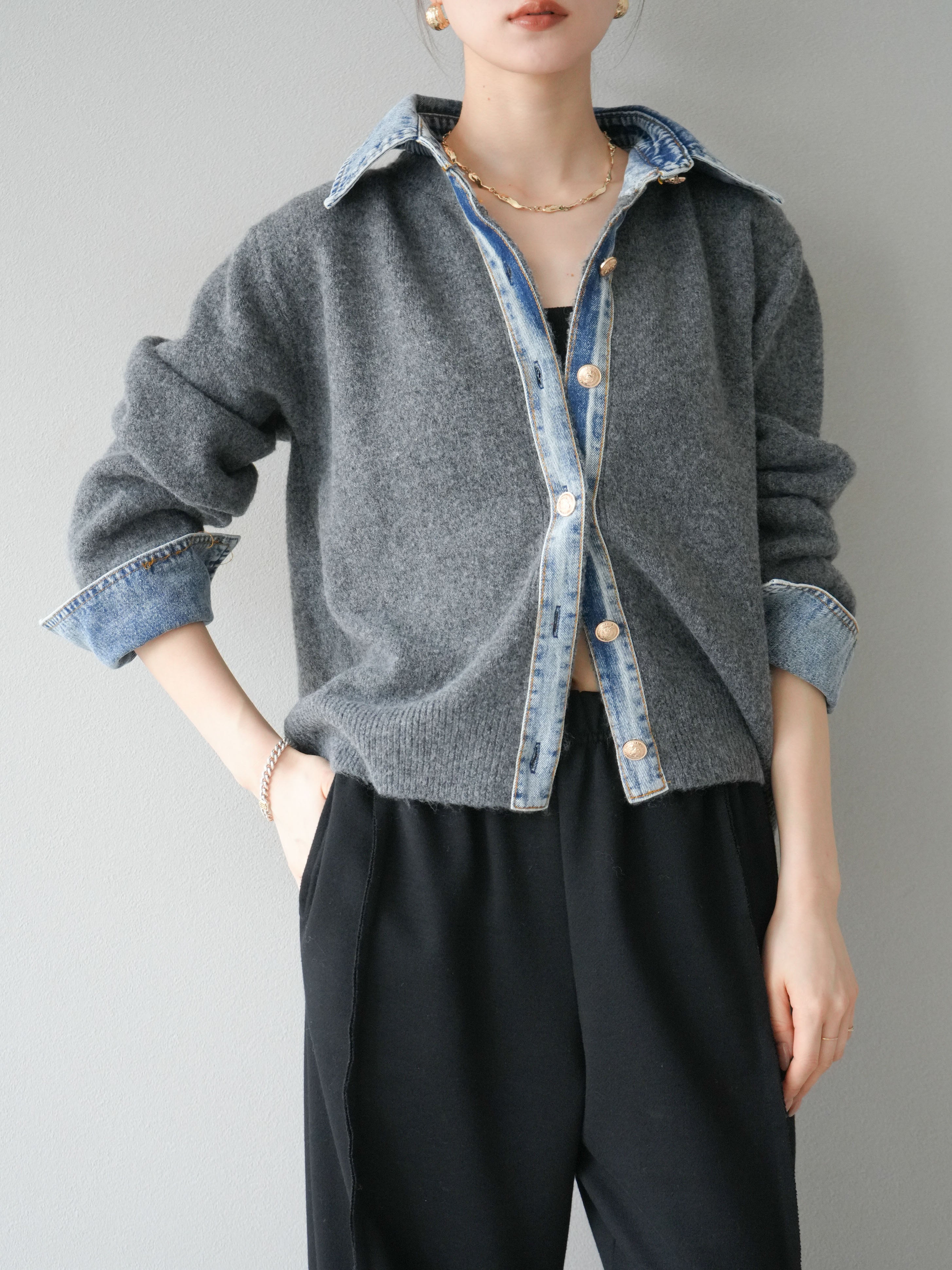 SET]デニム襟ボタンニットカーディガン+2WAYデザインスウェットパンツ