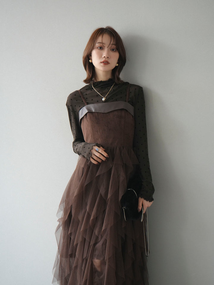[予約]レザー切替チュールラッフルワンピース/brown