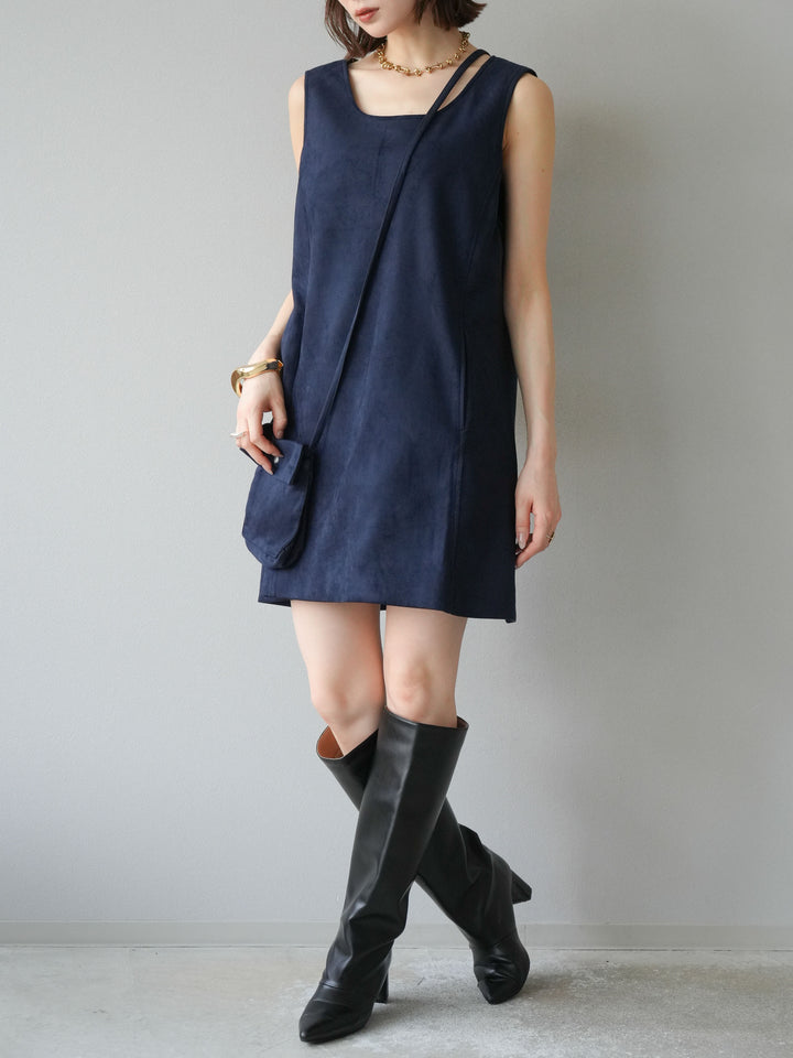 [予約]ショルダーポーチ付スウェードミニワンピース/ネイビー