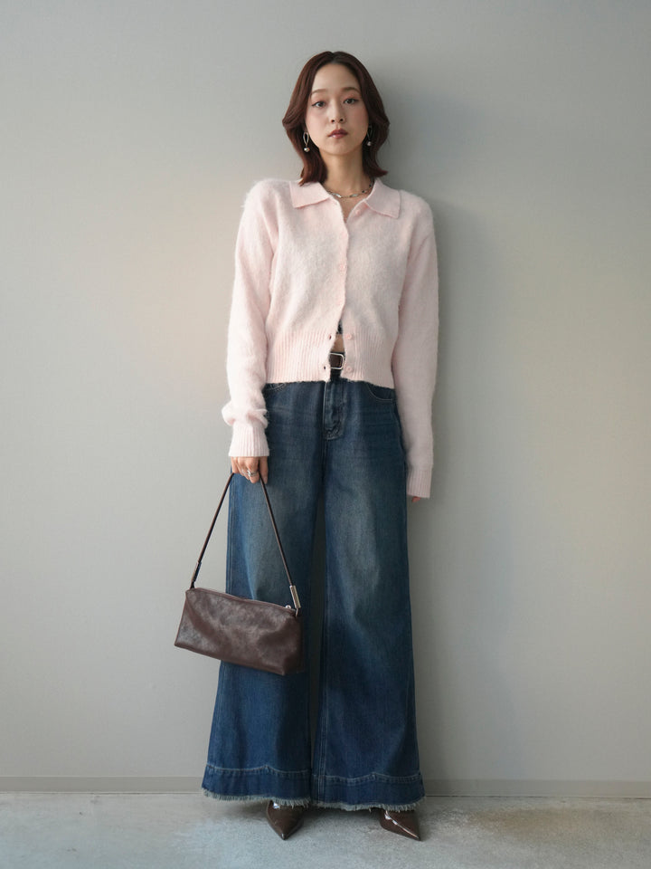 [SET]モヘア衿付きボタンプルオーバー+裏起毛裾フリンジワイドデニムパンツ(2set)