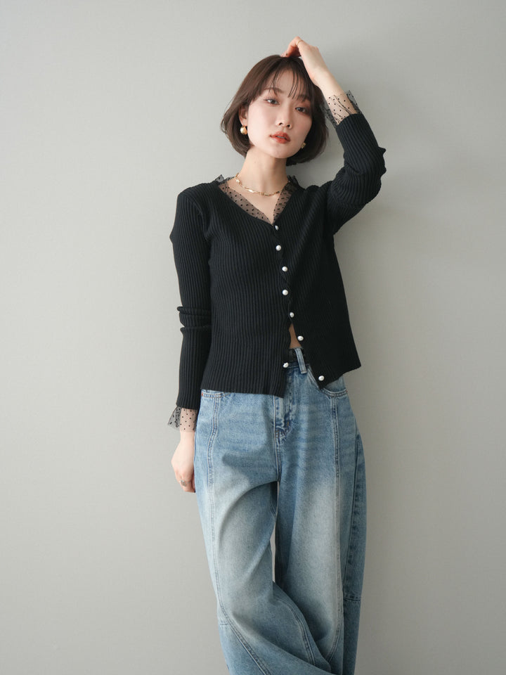 [予約]チュールドッキングパールボタンニットカーディガン/black