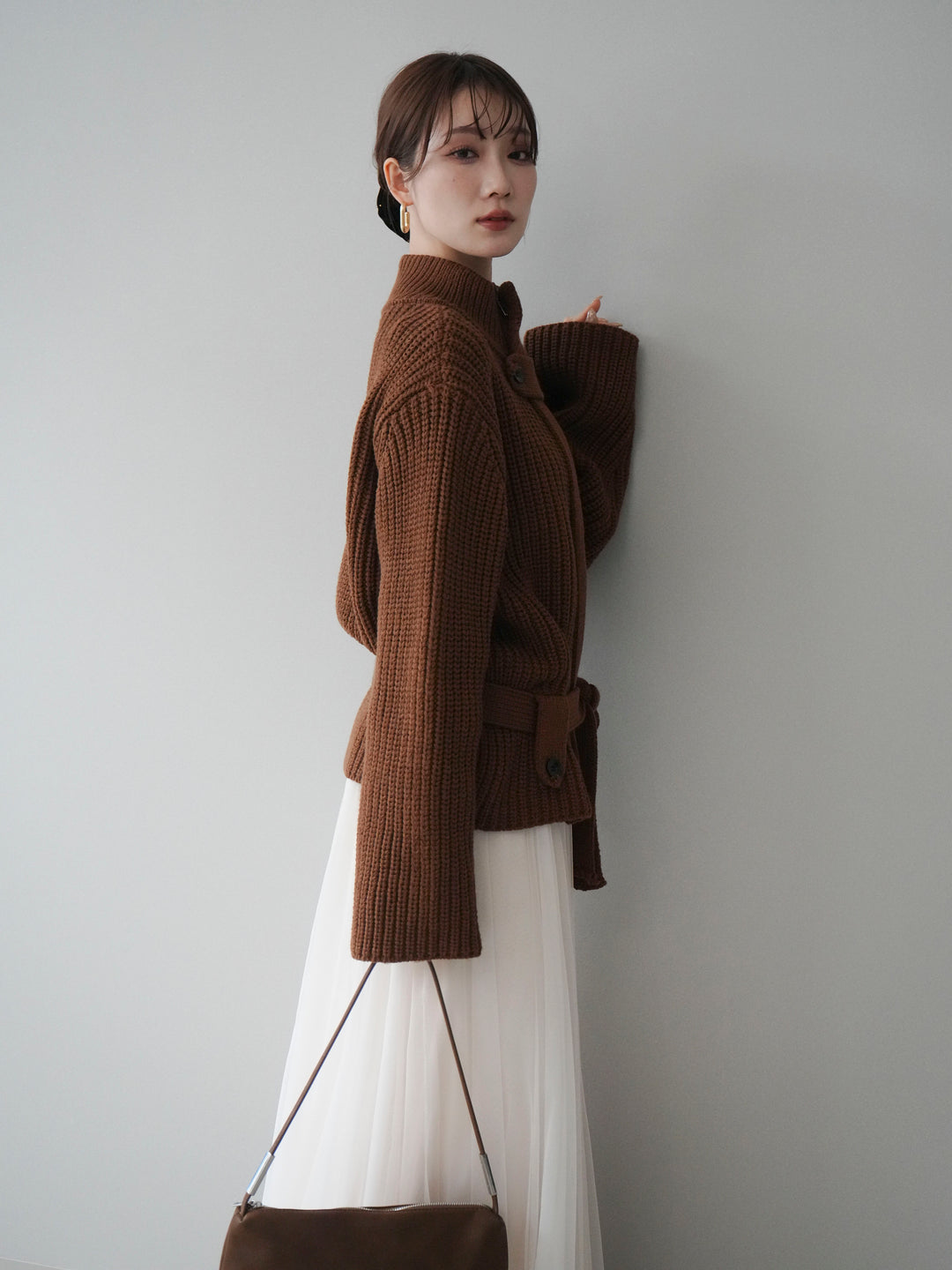 [予約]畦編みボトルネックZIPニットカーディガン/brown