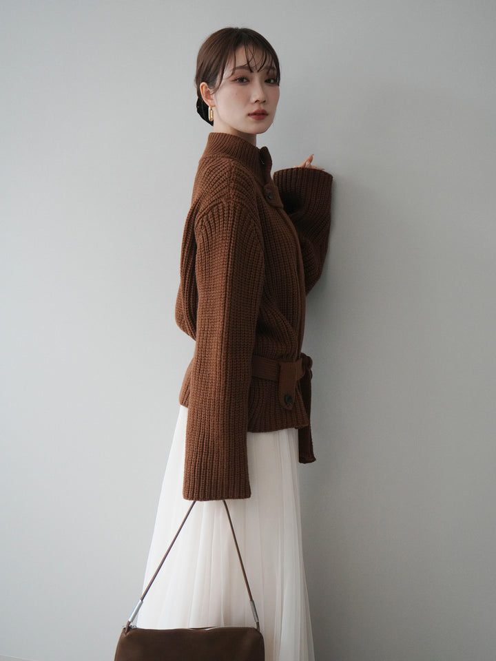 [予約]畦編みボトルネックZIPニットカーディガン/brown