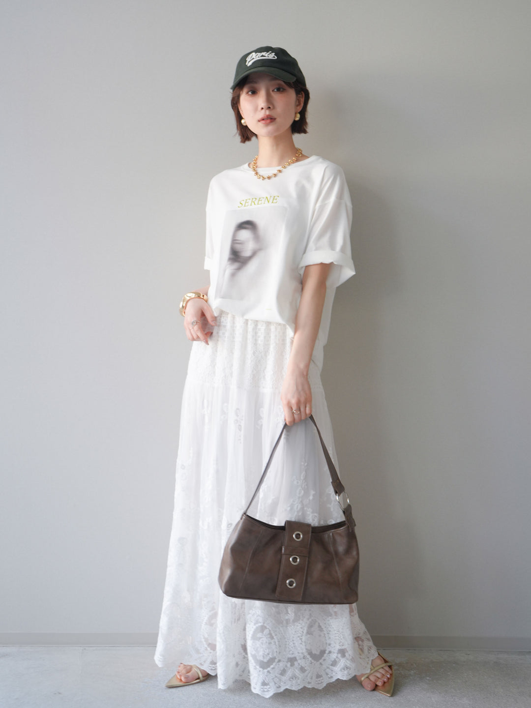 [SET]ブラーアートフォトTシャツ+シアーレースマキシスカート(2set)