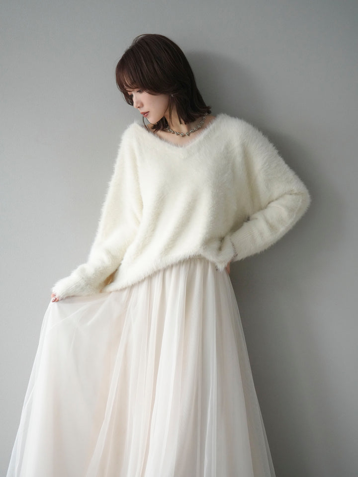 [予約]バックリボンVネックシャギーニットプルオーバー/ivory