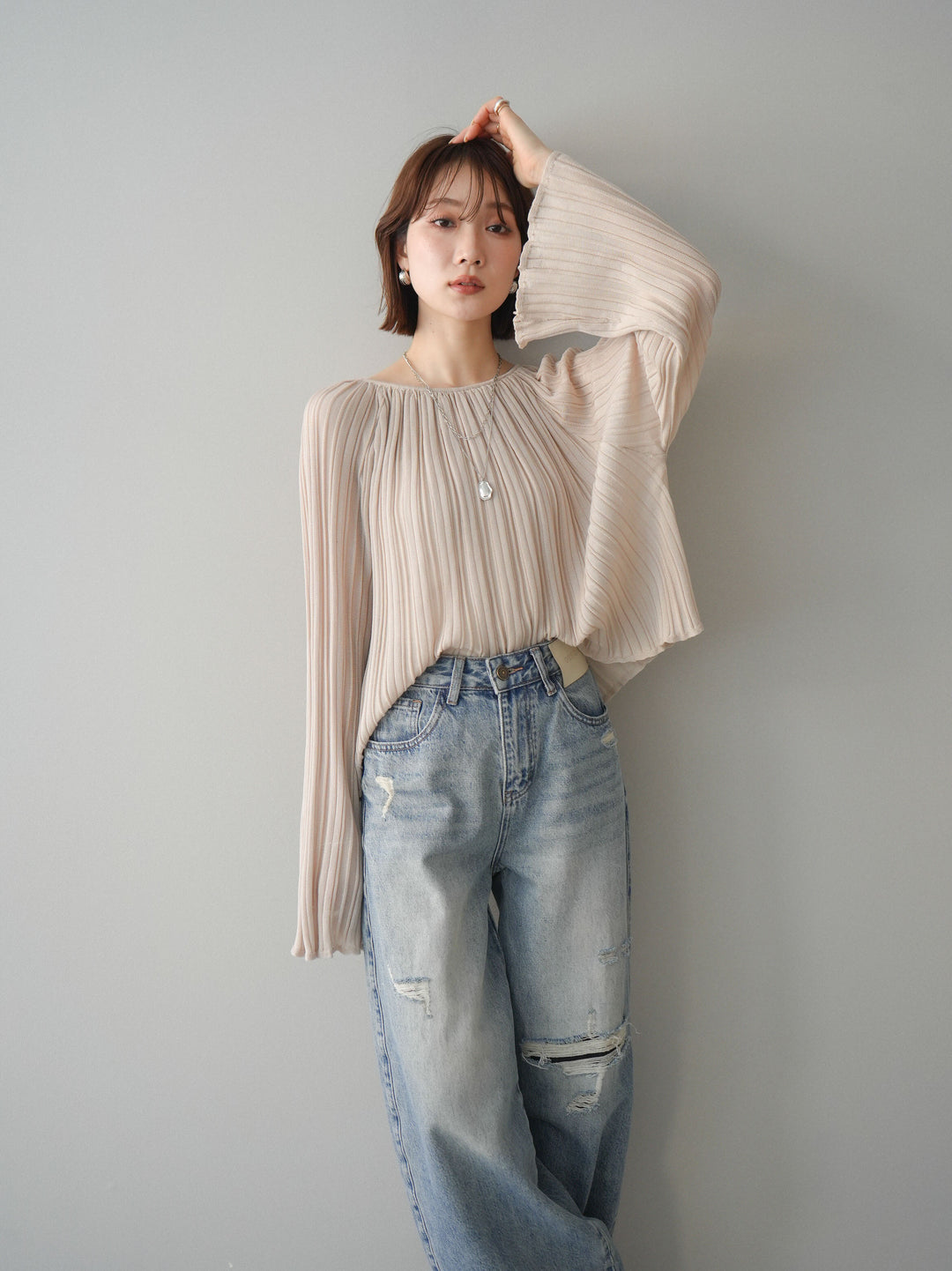 [予約]プリーツシアーフレアスリーブニットトップス/beige
