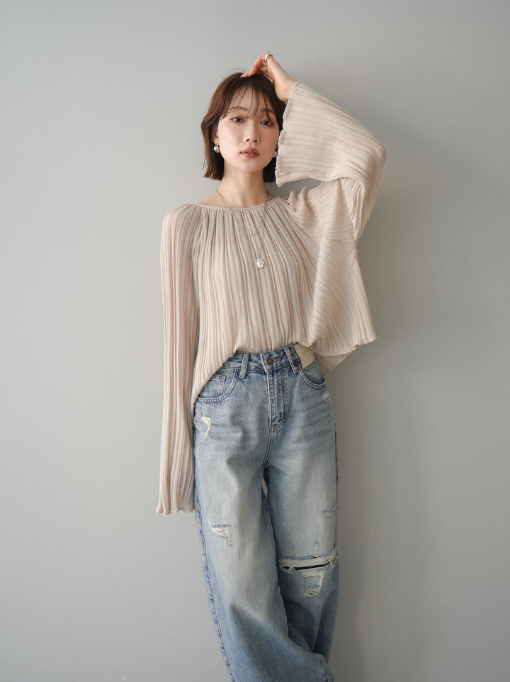 [予約]プリーツシアーフレアスリーブニットトップス/beige