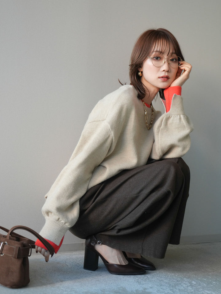 [予約]ヘンリーネック配色レイヤードニットプルオーバー/beige