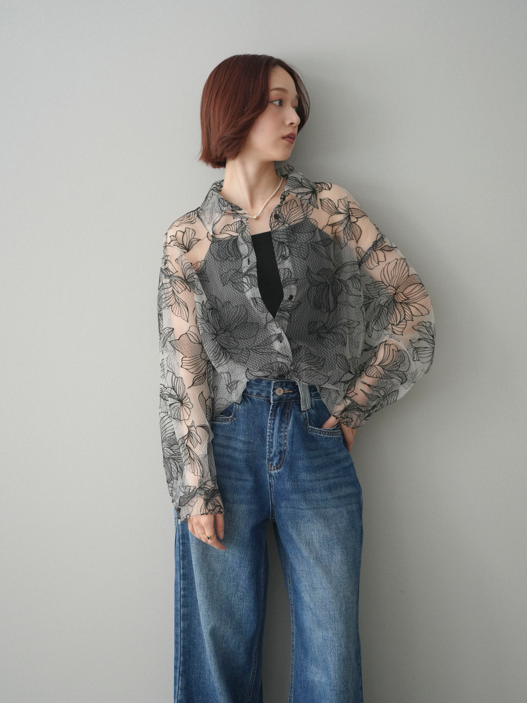 [予約]チュールフラワー刺繍オーバーシャツ/black