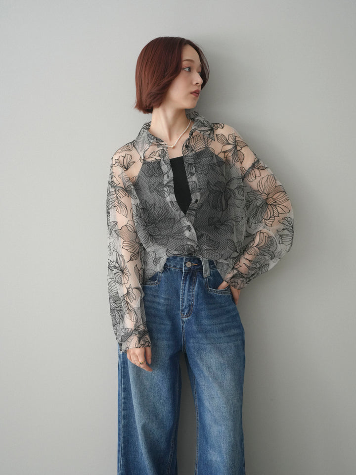 [予約]チュールフラワー刺繍オーバーシャツ/black