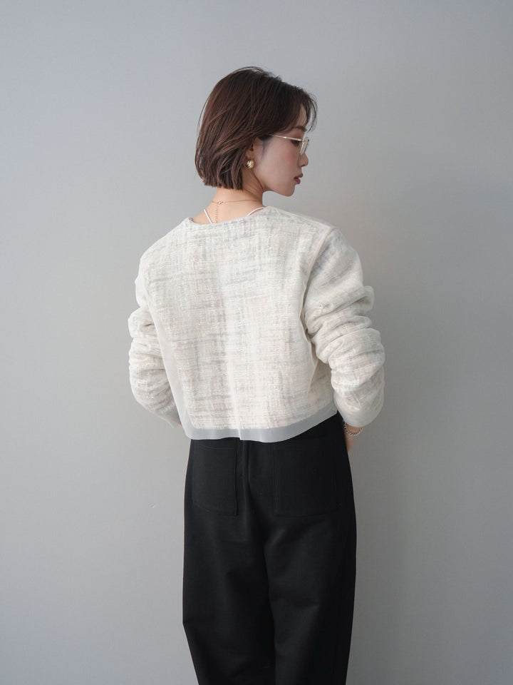 [SET]チュールレイヤードツイードクロップドジャケット+裾ZIPスエットワイドパンツ(2set)