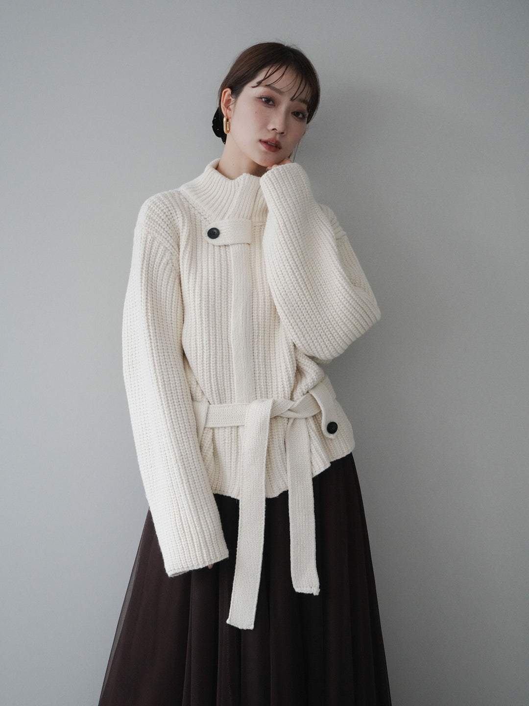 [SET]畦編みボトルネックZIPニットカーディガン+選べるアクセセット(2set)