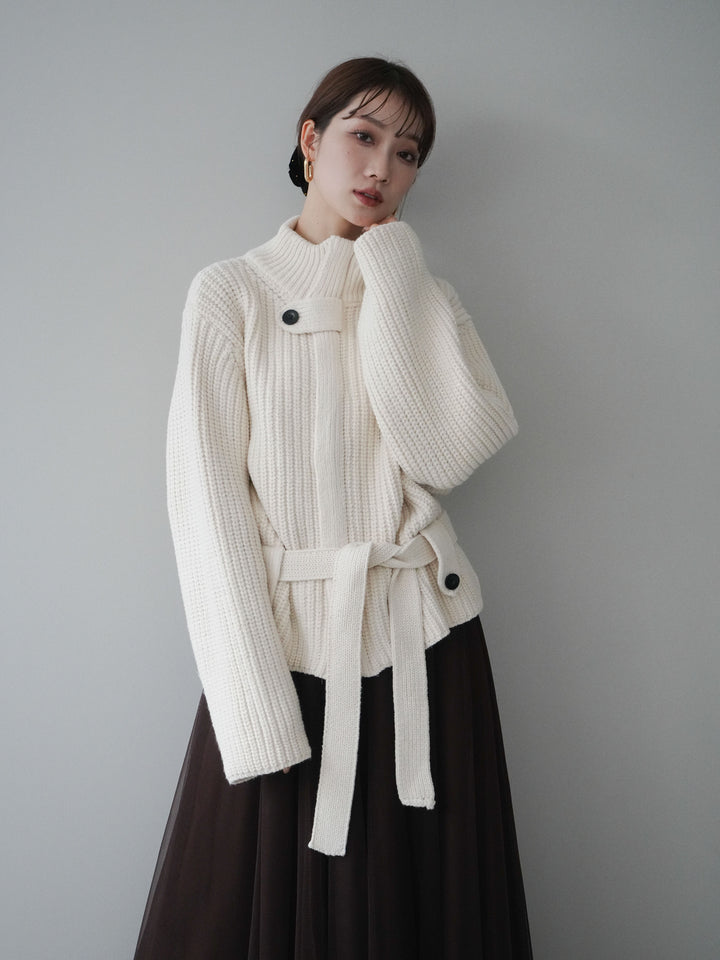 [SET]畦編みボトルネックZIPニットカーディガン+選べるアクセセット(2set)