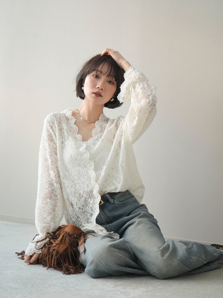 [予約]Vネックレースブラウス/white