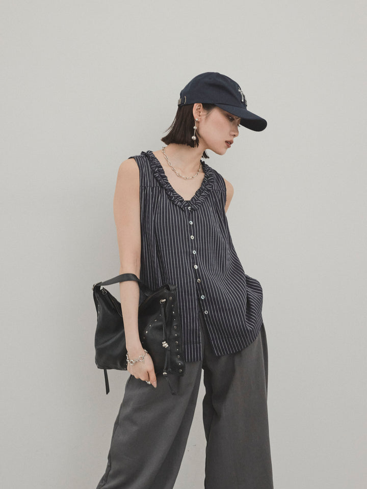 【預購】條紋荷葉邊襯衫/黑色