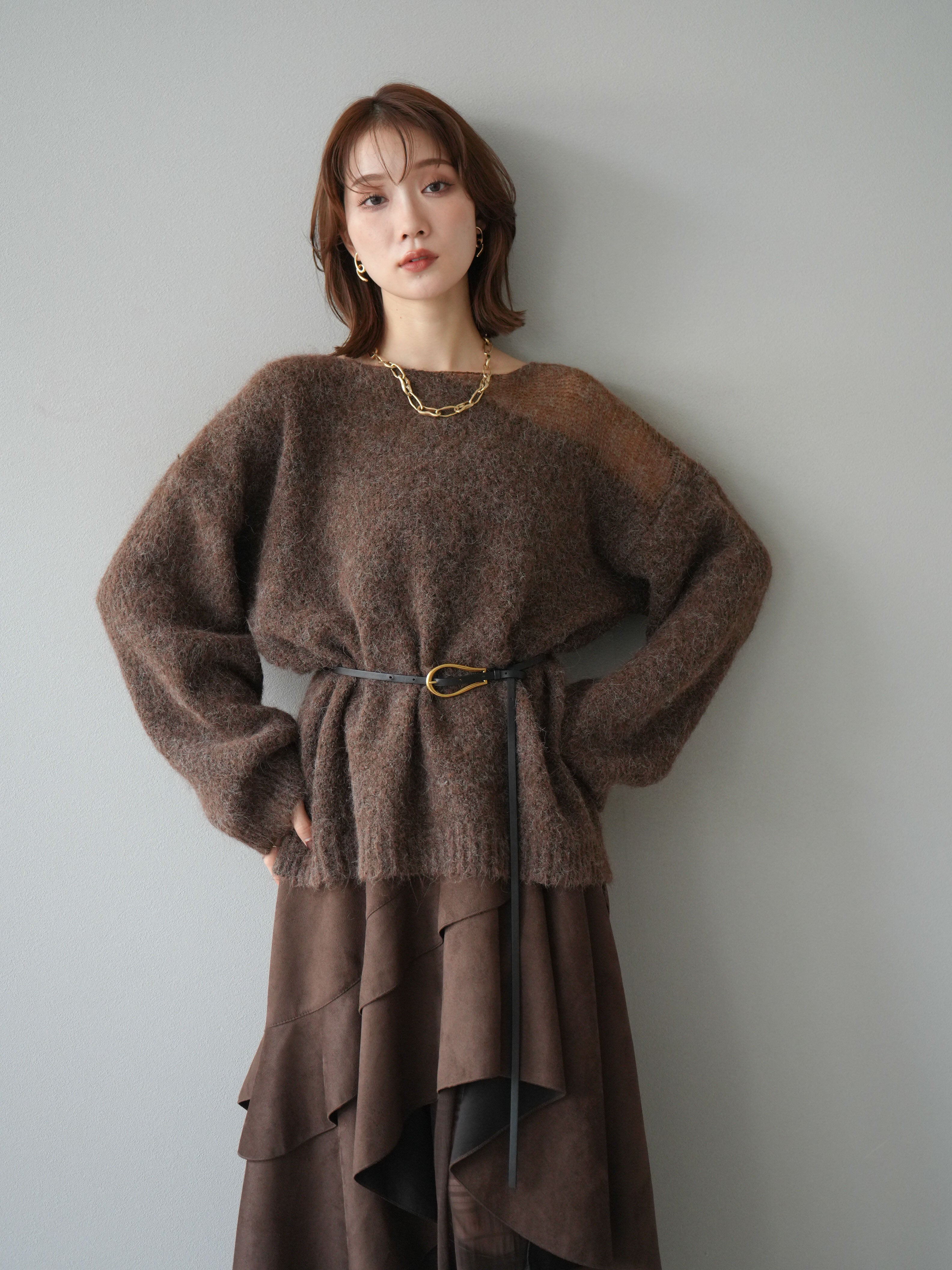 予約]ネック透かし編みニットプルオーバー/ダークブラウン – Lumier